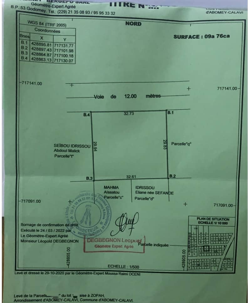 PARCELLES avec TITRE FONCIER PERSONNEL À VENDRE À CALAVI - ZOPAH PROCHE DU GOUDRON INTER ÉTAT